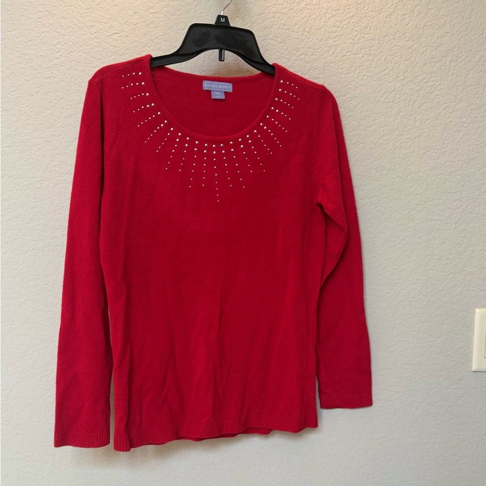 Laura Scott Red Long Sleeve Top with Embellished Neckline
